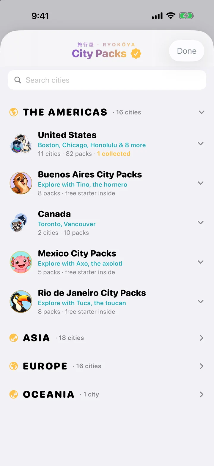Find your next city: The City Packs list groups cities by continent and country. Every pack city has a free starter.