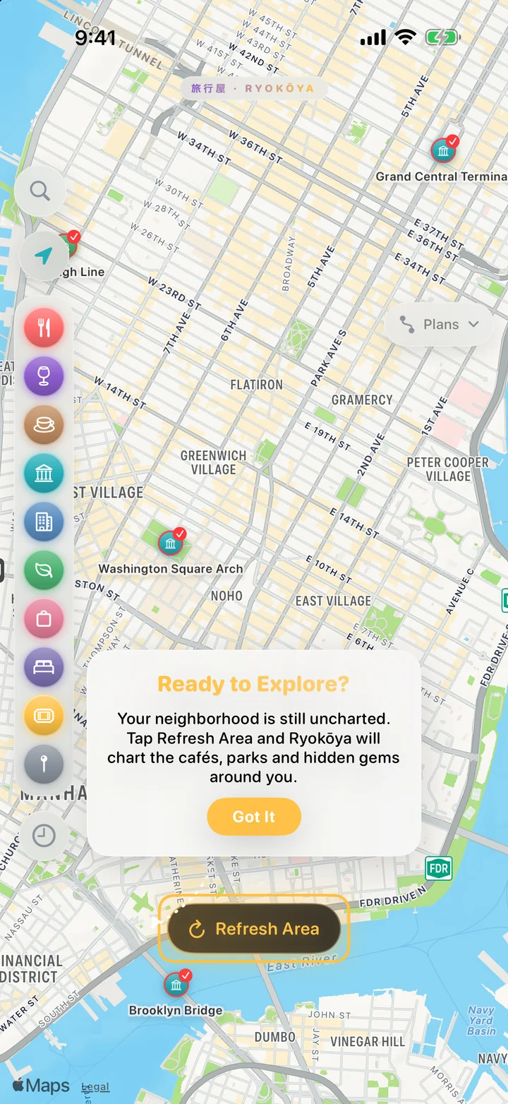 A quiet map is a starting point: Explore waits for you to chart an area. Move the map and tap Refresh Area to find places.