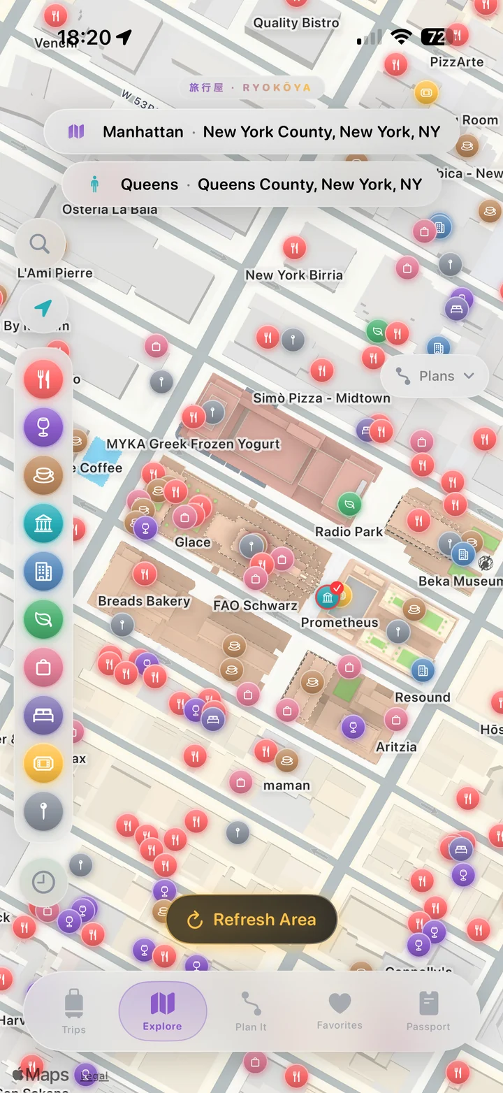 An area, charted: An existing Manhattan app capture shows the category rail, place pins and Refresh Area control.