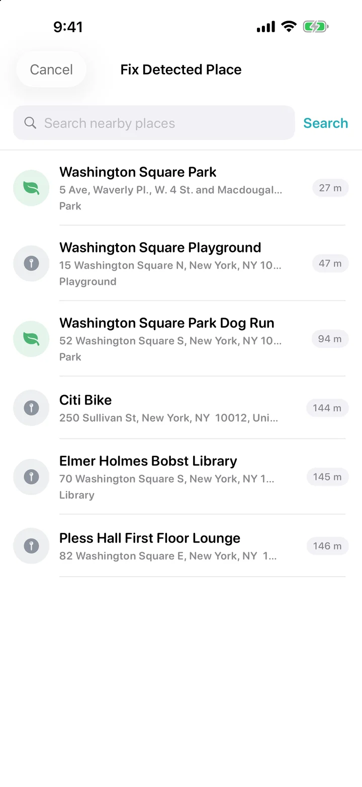 Tell it where you really were: Fix searches around the original stop. Choose the right nearby place, rather than adding a visit from across town.