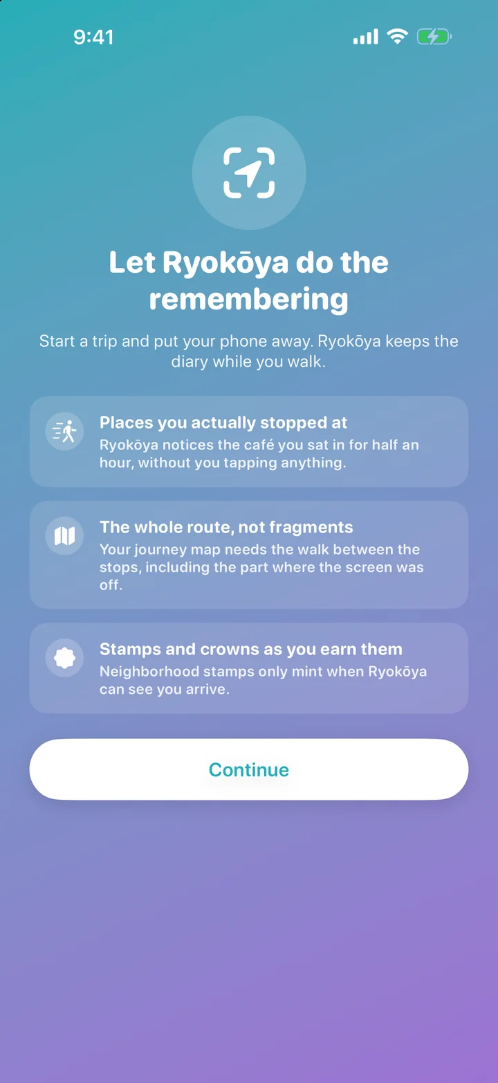 Location, explained: The app explains screen-off recording before asking iOS for location access.