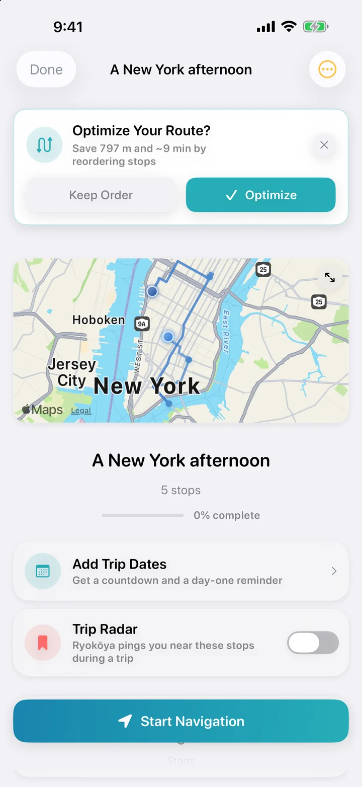 Put your afternoon in order: A demo plan built from five New York Icons places. Reorder stops, check details and start navigation from here.