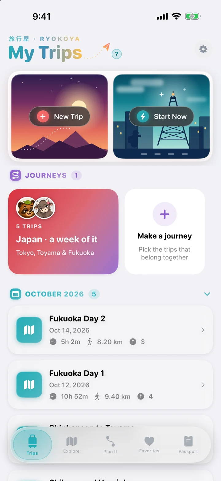 Your starting point: My Trips brings Start Now, New Trip, Journeys and finished outings together. This full screen uses the sample Japan journey.