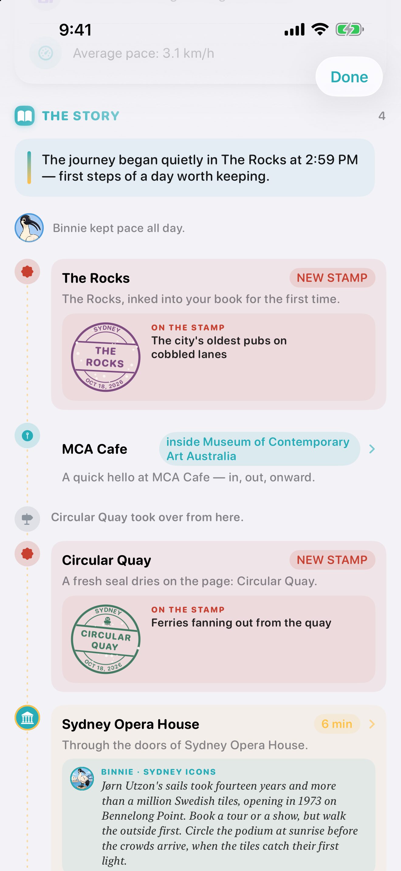 The same trip as a Ryokōya story: it began in The Rocks at 2:59 PM with Binnie, Sydney’s RyokōMate, keeping pace; new stamps for The Rocks and Circular Quay, a quick hello at MCA Cafe inside the Museum of Contemporary Art Australia, and the Sydney Opera House with Binnie’s note on Jørn Utzon’s sails.
