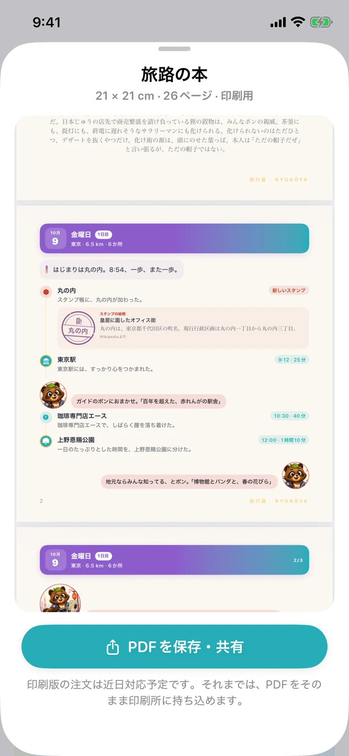 旅路の本の、日ごとのページ。10月9日金曜日、東京1日目。丸の内の新しいスタンプ、東京駅、珈琲専門店エース、上野恩賜公園と、ポンのせりふ。