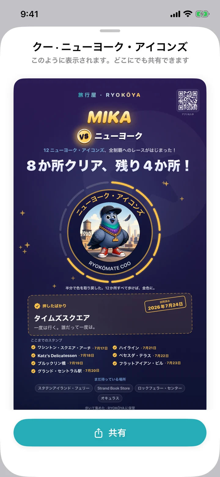 クーの「ニューヨーク・アイコンズ」の進み具合カードの共有プレビュー。「8か所クリア、残り4か所!」のひとこと。