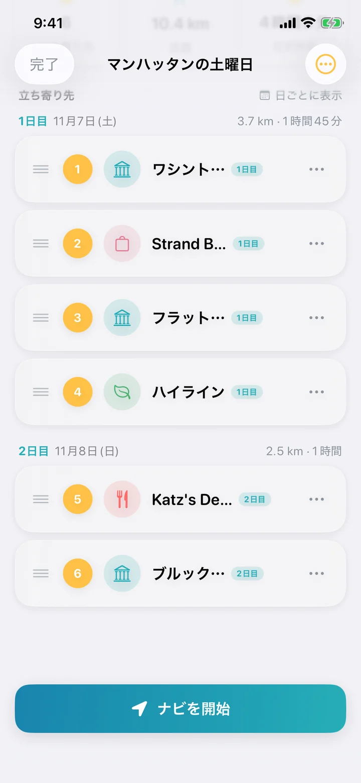 「マンハッタンの土曜日」の立ち寄り先。1日目(11月7日・土曜日、3.7 km)と2日目(11月8日・日曜日、2.5 km)に分かれています。