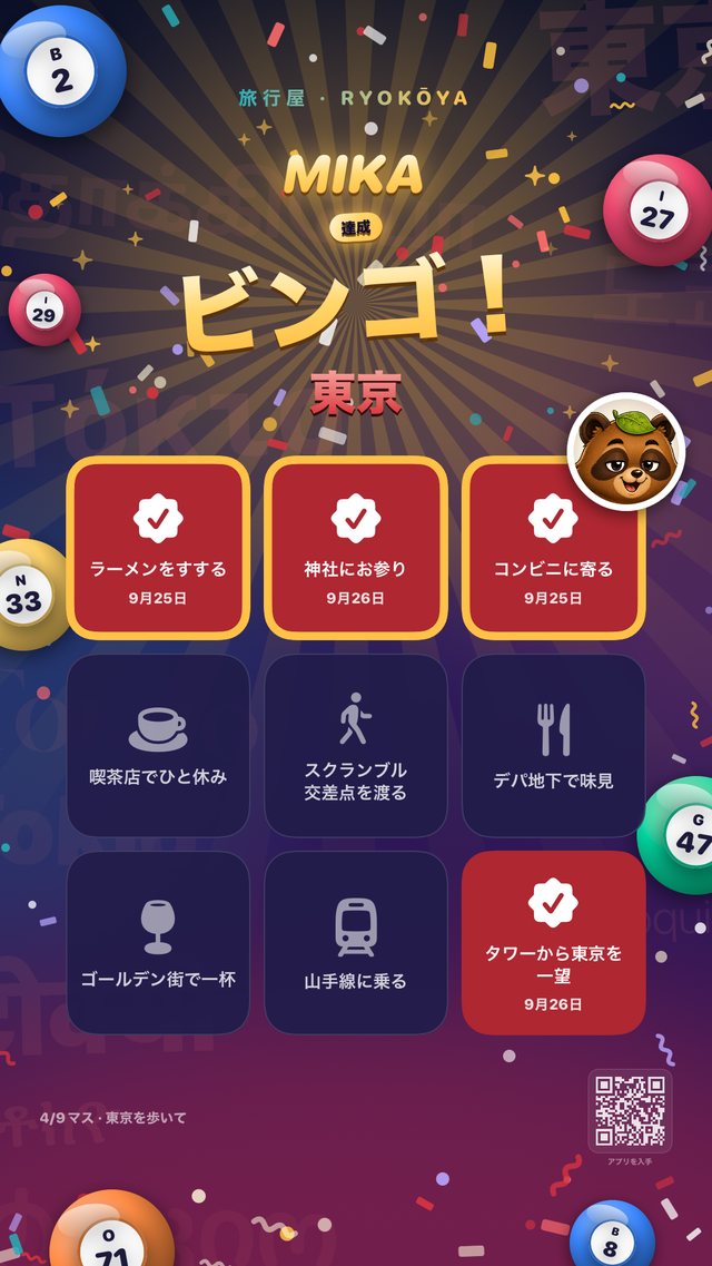 Ryokōyaのご当地ビンゴの共有カード。Mikaが東京でビンゴを達成し、9マス中4マスをクリア。そのなかに「ラーメンをすする」「神社にお参り」「コンビニに寄る」「タワーから東京を一望」。