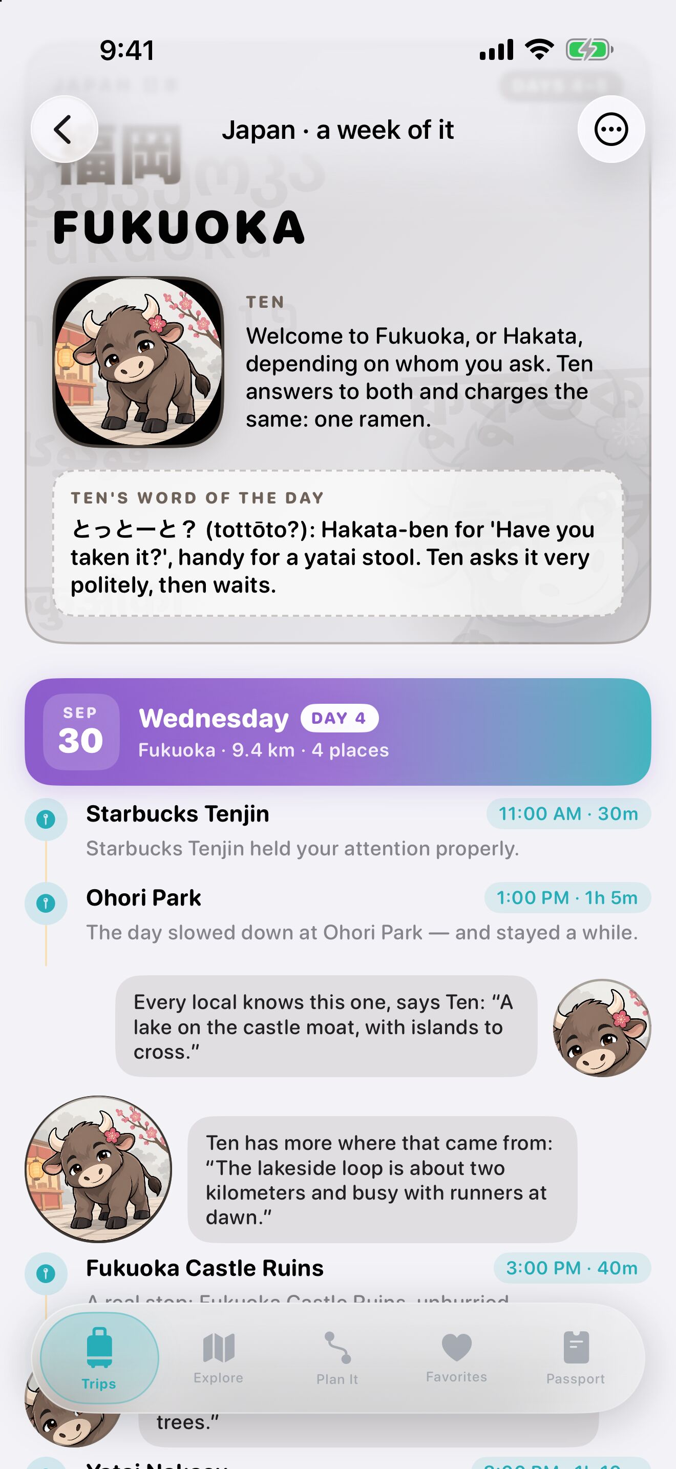 The same journey’s Fukuoka chapter: the city’s name over its name in many scripts, a welcome from Ten, Fukuoka’s RyokōMate, Ten’s word of the day, とっとーと?, then Wednesday, day 4, with stops at Starbucks Tenjin, Ohori Park and Fukuoka Castle Ruins, and Ten’s facts about Ohori Park.