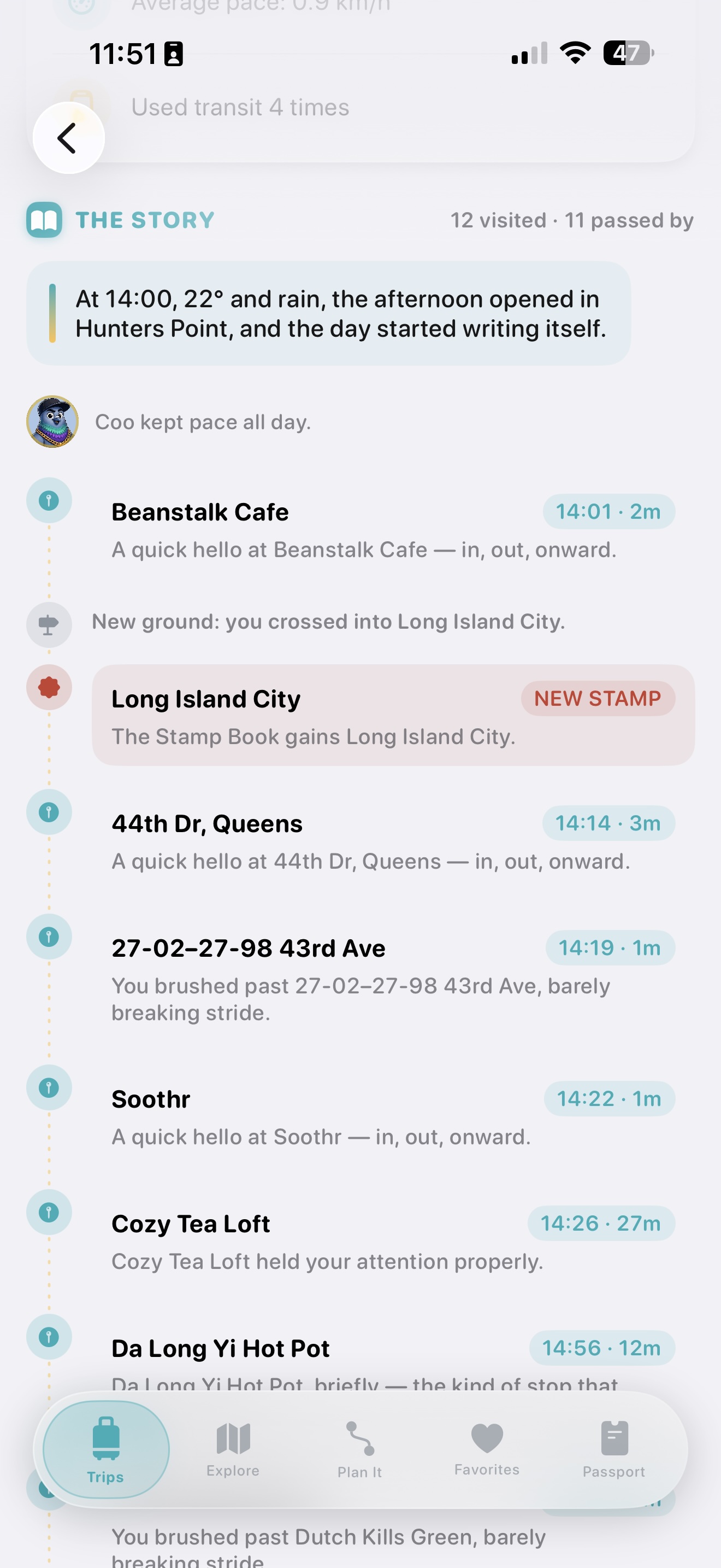 The same trip as a Ryokōya story: an afternoon in Hunters Point, visited places with arrival times and time spent, and a new Long Island City stamp.